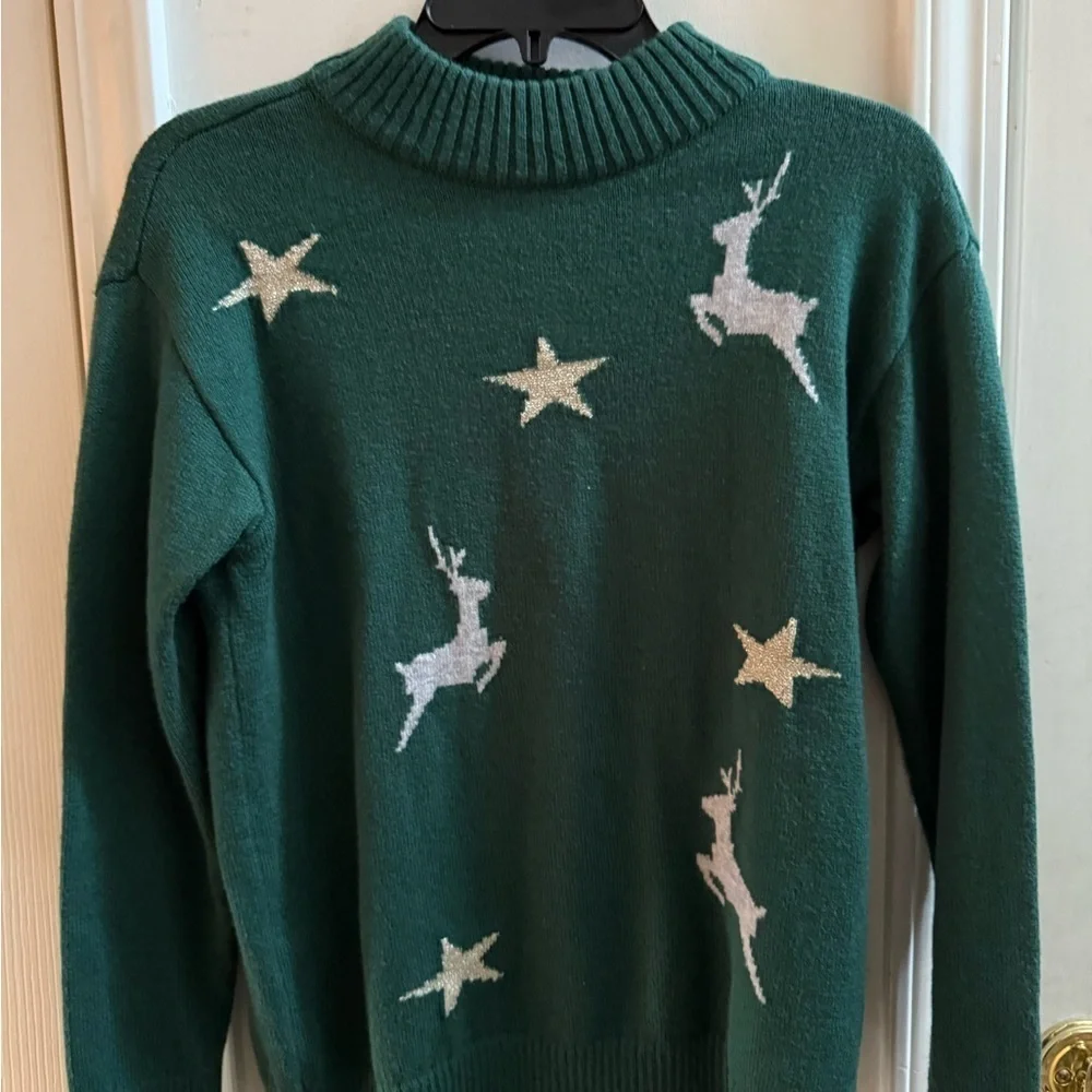 Talbots Petite Reindeer & Stars Mock Turtleneck Sweater